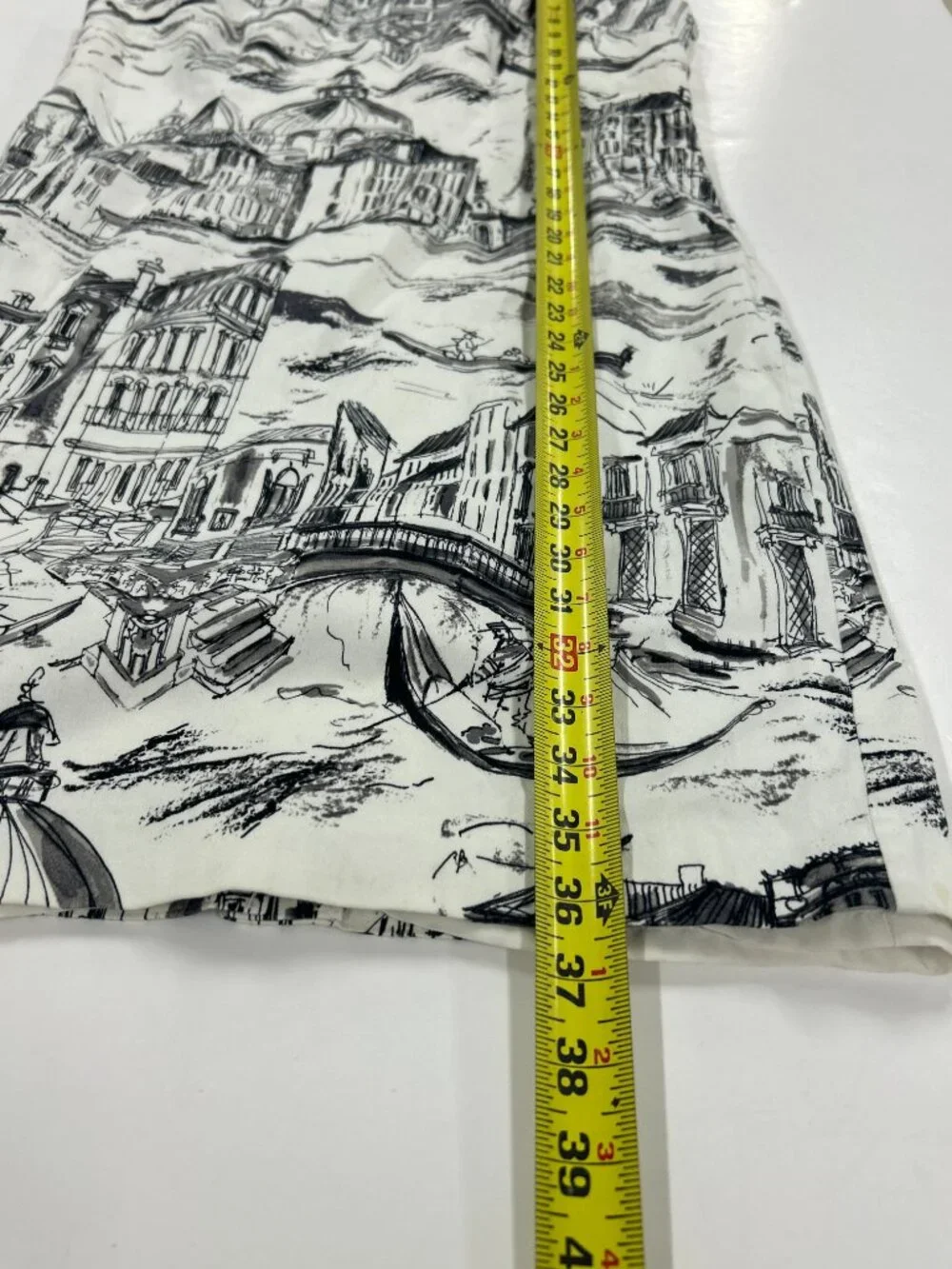 Leslie Fay Size 14 Black White Scenic Print Sheath Dress Parisian Chic Cityscape